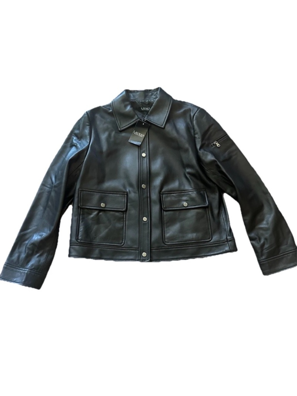 Lauren Ralph Lauren Lamb Leather Jacket Snap Front Womens L Black - NWT $500